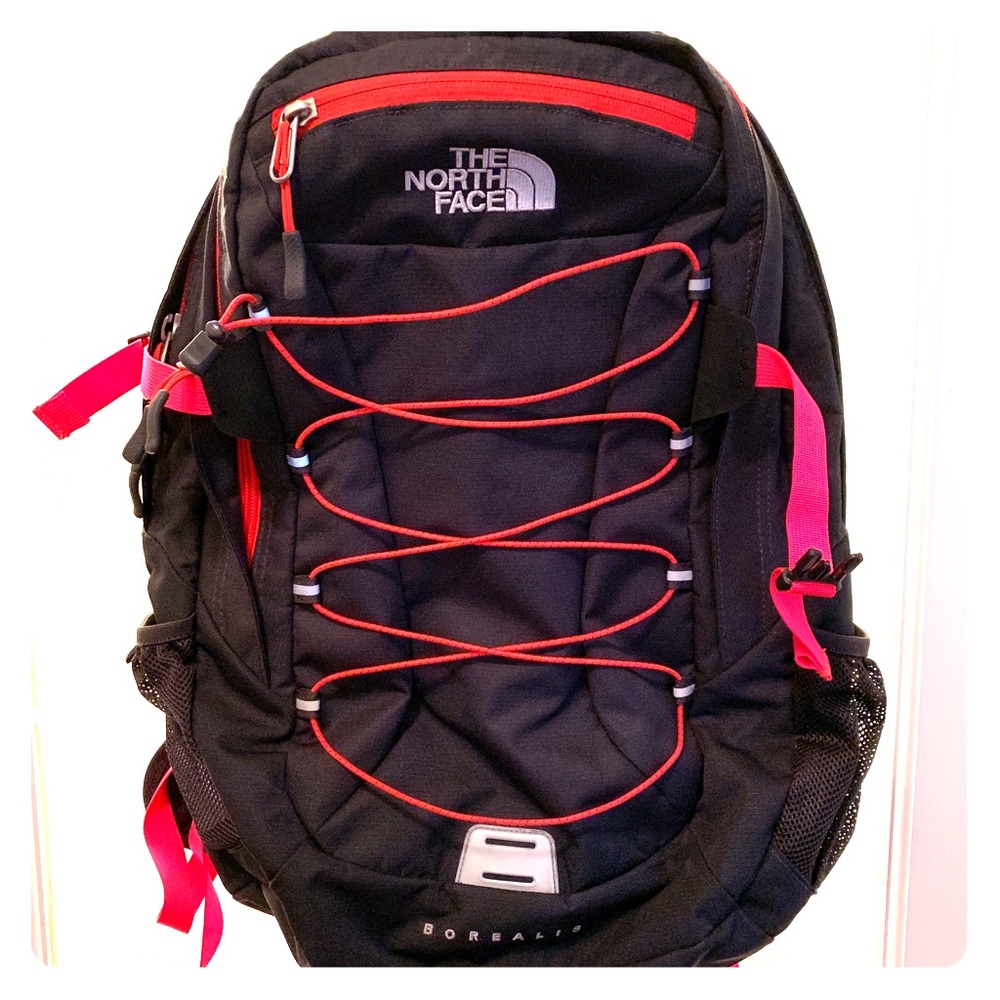 North Face charcoal grey and pink backpack